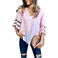 Aniywn Women Loose Flare Sleeve Short Sleeve Pullover Tops Casual V Neck Solid Color T-Shirt Pink