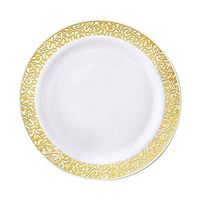 BalsaCircle 30 pcs 7.5-Inch White with Gold Trim Plastic Round Plates - Disposable Wedding Party Catering Tableware