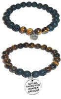 Hidden Hollow Beads Charm Tigers Eye and Black Lava Natural Stone Women's Yoga Beaded Stretch Bracelet Set. Comes in A Gift Box! (Not All Those who Wander are Lost)