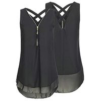 Jophufed Women Loose Sleeveless Tank Top Cross Back Hem Layed Zipper V-Neck T Shirts Tops Black