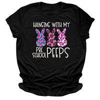 Eoeth Women Easter Leopard Bunny Letter Printing Short Sleeve O-Neck Tee Casual T-Shirt Tunic Blouse Tops Pullover Tee Black