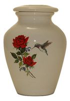 Red Rose with Hummingbird- Cremation Urn or Keepsake for Ashes - Hand Made Pottery (x-Small 29 Cubic Inches)