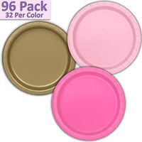 96 Paper Dinner Plates (9") - Light Pink, Gold, Hot Pink - 32 Per Color, 3 Colors - Great Assortment for Birthday Parties, Weddings, Holidays, Baby Shower, Celebrations, and more