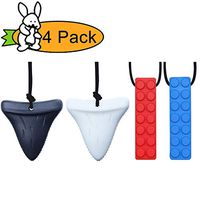 Chew Necklace by GNAWRISHING - 4-Pack (Shark Tooth and Building Block) - Perfect for Autistic, ADHD, SPD, Oral Motor Children, Kids, Boys, and Girls (Tough, Long-Lasting)