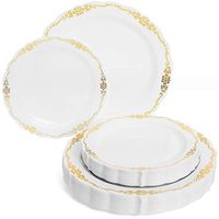 Perfect Settings 50 Piece Antique Design China - Wedding Plastic Plates (25 x 10 Inch Dinner / 25 x 7.5 Inch Salad) Disposable Dinnerware Set Heavy Duty Combo Party Plates | Raised Gold Embossed