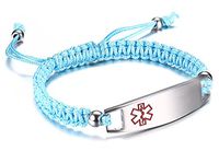 JF.JEWELRY Water Blue Nylon Braided Rope Medical Alert ID Bracelet for Boys and Girls,Free Engraving