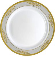 [20 Count - 10 Inch Plates] Laura Stein Designer Tableware Premium Heavyweight Plastic White Dinner Plates Gold Rim And Brushed Accents, Party & Wedding Plate, Traditional Series, Disposable Dishes