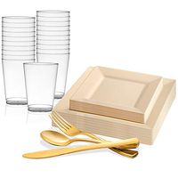 Disposable Plastic Dinnerware Set for 120 Guests - Includes Fancy Square Ivory Dinner Plates, Dessert/Salad Plates, Gold Silverware Set/Cutlery & Cups For Wedding, Birthday Party & Other Occasions