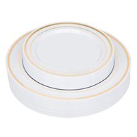 50 Piece Disposable Plates - Heavy Duty Plastic Dinnerware for Wedding Birthday Party Holiday Baby Shower - Includes 25 Dinner Plates and 25 Dessert Plates (Gold Rim)
