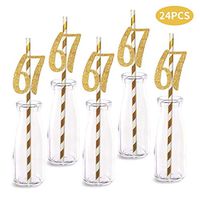 67th Birthday Paper Straw Decor, 24-Pack Real Gold Glitter Cut-Out Numbers Happy 67 Years Party Decorative Straws