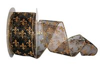 Reliant Ribbon 90032W-986-40J Sheer Fleur-de-lis 2 Wired Edge Ribbon, 2-1/2 Inch X 25 Yards, Black/Gold