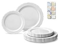 " OCCASIONS" 50 Plates Pack (25 Guests)-Vintage Wedding Party Disposable Plastic Plate Set -25 x 10'' Dinner + 25 x 7.5'' Salad/Dessert plates (Verona in White)