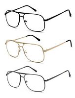 EYE ZOOM 3 Pack Readers Metal Frame Square Aviator Style Geek Reading Glasses for Men, Black, Gold and Gunmetal, Strength: +2.50