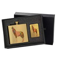 Wolf Howling Pattern - Gold Lighter and Pocket Hip Liquor Flask Survival Camping Gift Box Set