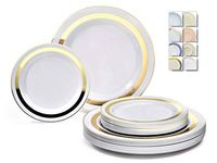" OCCASIONS" 240 Plates Pack,(120 Guests) Heavyweight Premium Disposable Plastic Plates Set -120 x 10.5'' Dinner + 120 x 7.5'' Salad/Dessert (Soleil White and Gold)
