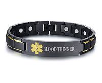 XUANPAI Blood THINNER Brushed Name Plate ID Identity Magnet Therapy Medical Alert ID Bracelet(Black+Yellow)