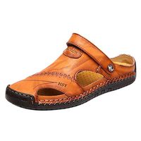 Yomiafy Men's Soft Leather Closed Toe Sandals Breathable Outdoor Casual Beach Slipper(Yellow,US:7)