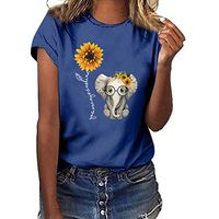 〓COOlCCI〓Women's Summer Street Style Sunflower&Elephant Printed Tops T Shirt Short Sleeve Tees Blouse T Shirt Junior Blue
