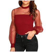 Meikosks Women's Sexy Tunic Mesh Gauze See-Through Patchwork Blouses Long Sleeve Crewneck T Shirt Red