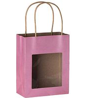 Hammont Pink Kraft Paper Bag with Window (10 Pack) - Food Storing Pouches with Handles, Gift Bags with Transparent Window 7.75"x 6.25"x 3"