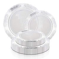 Elegant Disposable Plastic Heavy Duty Party Plates 240 Count - 120 Pcs Round Clear with Silver Nice Dinner Plates + 120 Pcs Fancy Dessert Plates Set For Wedding, Thanksgiving, Birthday & All Occasions