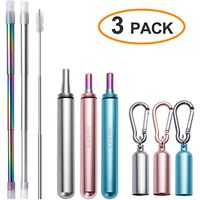 3 Pack Metal Straws Reusable Stainless Steel Straws Collapsible Drinking Straws with Travel Case Cleaning Brush Silicone Tips Rose Gold/Silver/Turquoise