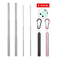 2 Pack Metal Straws Reusable Collapsible Drinking Straw Handy Telescopic Stainless Steel Eco-Friendly Drink Meatle Straws,Black/Pink