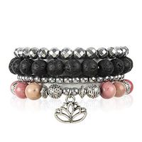 RIAH FASHION Bohemian Lava Stone Hematite Essential Oil Diffuser Multi Strand Bracelet - Healing Aroma Therapy Beaded Natural Volcano Rock Stretch Bangles (Lotus - Rhodochrosite)