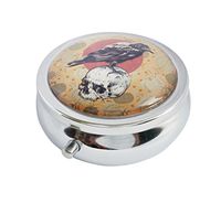 Halulu Raven on Skull Custom Fashion Round Glass Pill Case 2.1 Inch Tablet Holder Storage Bag Wallet