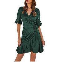 Eoeth Women Sexy V-Neck Silk Mermaid Dress Fashion Solid Ruffle Petal Sleeve Knee-Length Dress Strap Chiffon Beach Dress Army Green