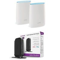 NETGEAR Orbi High-performance AC3000 Tri-band Mesh WiFi System (RBK50) with NETGEAR CM400 8x4 Cable Modem DOCSIS 3.0 Max Download Speeds of 343Mbps.