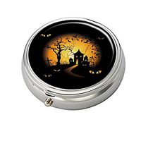 Cecillia Pumpkins Bats Tree Decorative Boxes Silver Round Pill Box Medicine Tablet Holder Wallet Organizer Case for Pocket or Purse