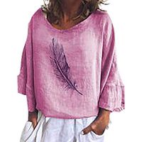 Beihxwe Women Fashion Long Sleeve Casual Blouse Shirt Feather Print V Neck Tops T-Shirt Plus Size (M, Pink)