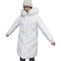 HNTDG Women Winter Mid Length Cargo Pocket Fur Hood Coat Thicker Warm Windproof Bright Surface Diamond Overcoat White