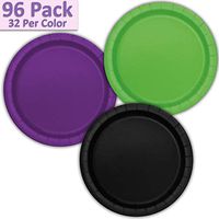 96 Paper Dinner Plates (9") - Lime Green, Deep Purple, Black - 32 Per Color, 3 Colors - Great Assortment for Birthday Parties, Weddings, Holidays, Baby Shower, Celebrations, and more