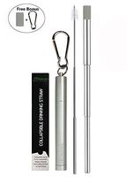 Collapsible Straw Reusable Stainless Steel Straw in Metal case - Travel Portable Retractable Drinking Telescopic Straws with Keychain, Cleaning brush and Silicone tip (Silver, 1 pack)