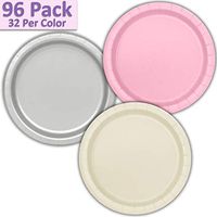 96 Paper Dinner Plates (9") - Light Pink, Silver, Ivory - 32 Per Color, 3 Colors - Great Assortment for Birthday Parties, Weddings, Holidays, Baby Shower, Celebrations, and more