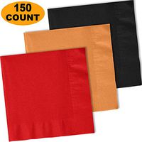 150 Lunch Napkins, Red, Autumn Orange, Midnight Black - 50 Each Color. 2 Ply Paper Dinner Napkins. 6.5" folded, 13.5" unfolded.