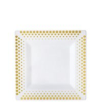 BalsaCircle 30 pcs 6.5-Inch White with Gold Dots Plastic Square Plates - Disposable Wedding Party Catering Tableware