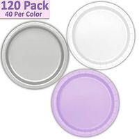 120 Paper Dessert Plates (7") - White, Silver, Lavender - 40 Per Color, 3 Colors - Great Assortment for Birthday Parties, Weddings, Holidays, Baby Shower, Celebrations, and more
