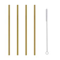 Matoen 4 Pcs Stainless Steel Metal Drinking Straw Reusable Straws + 1 Cleaner Brush Kit Combination Set 6X215MM Straight Tube 4 Straws 1 Cleaning Brush (Gold)