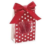 (12) Red & White Dotted Party Gift Bag with Bow Holiday Party Cello Satin Acetate