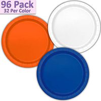96 Paper Dinner Plates (9") - White, Orange, Royal Blue - 32 Per Color, 3 Colors - Great Assortment for Birthday Parties, Weddings, Holidays, Baby Shower, Celebrations, and more
