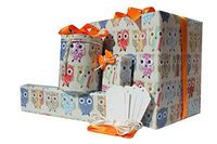 Happy Owl Birthday Wrapping Paper Flat Sheets(6.5'x19.5''),Ribbon (6.5 ft),Chord (6.5 ft), 5 Gift Tags/Create Lovely Presents for Fathers Day,Birthdays,Parties/Craft Work/Easy to Store Folded Wrap