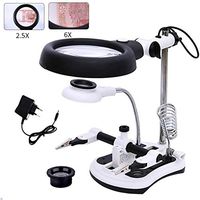 MUYU 2.5X 6X Desktop Magnifying Glass with 18 LED Lights Interchangeable Lens (5X/10X) Loupe Third Hand Welding Tool with Auxiliary Clip Illuminated Magnifier Powered by Dual Power Supplies