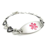 My Identity Doctor - Custom Medical Alert Bracelet with Engraving for Women - 1cm Steel Black Hearts - Pink - Wrist Size 5.25 Inch