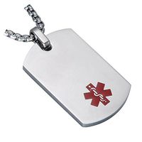 BAIYI Medical Alert ID Necklace Stainless Steel Dog Tag for Men and Women Silver Chain 24in