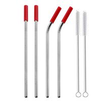 Sikye 4Pcs Reusable Stainless Steel Metal Drinking Straws (2 Straight + 2 Curved) with Silicone Cover 2×Cleaning Brush Included (red)