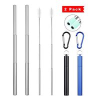 2 Pack Metal Straws Reusable Collapsible Drinking Straw Handy Telescopic Stainless Steel Eco-Friendly Drink Straws,Black/Blue