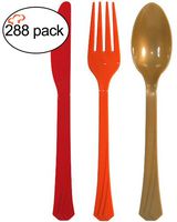 Tiger Chef Red Orange Gold Thanksgiving Flatware Party Supplies, Heavyweight Colored Plastic Silverware Includes 96 Forks, 96 Teaspoons, and 96 Knives (Thanksgiving, 288)